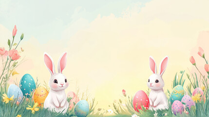 Obraz premium A Whimsical Easter scene with cartoon bunnies and colorful eggs in field