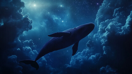 Fototapeta premium A majestic whale silhouette swims through a dreamy, starlit night sky filled with fluffy clouds