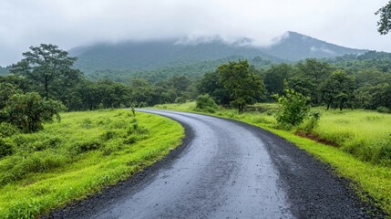 Fototapeta premium Lush Green Landscape with Winding Road in a Rainy Atmosphere Surrounded by Mountains and Fog