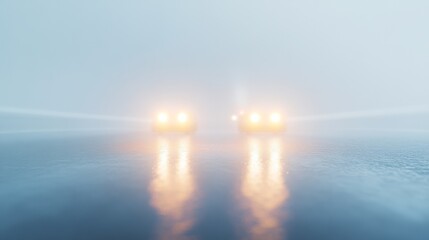 Foggy road with distant headlights piercing through the mist, evoking mystery and anticipation.