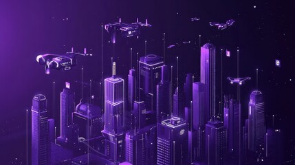Fototapeta premium Futuristic Cityscape with Drones and Neon Lights