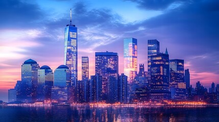 Fototapeta premium Dramatic Skyline of a Modern City at Dusk with Glowing Skyscrapers