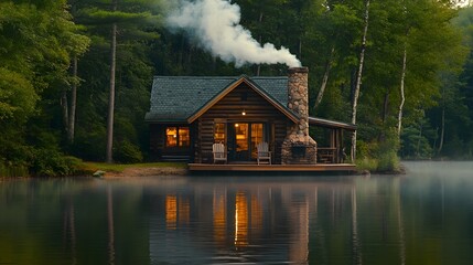 Peaceful Lakeside Cabin with Smoke Curling from the Chimney Reflecting on the Tranquil Lake