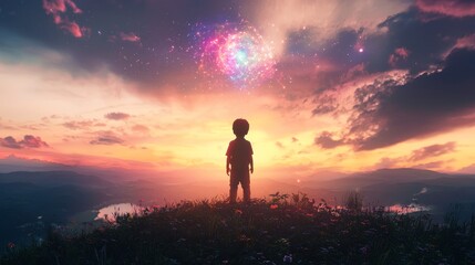A child standing on a hill at sunset, eyes closed, with a holographic projection of their wish forming above, cinematic glow, Sci-fi, Photorealistic