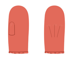 Igloo One-Fingered Mitten Gloves Wrist length orange red cartoon Fashion hand accessory clothing technical illustration garment. Vector front palm back view for Men, women unisex style flat CAD mockup