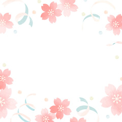 桜とリボンの春フレーム | 水彩風のシンプルデザイン ( ベクター素材 正方形 コピースペース )