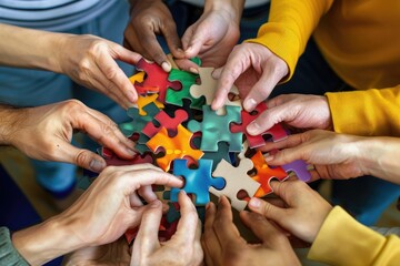 Vibrant Color Image of Diverse Hands Holding Puzzle Pieces Unity and Collaboration