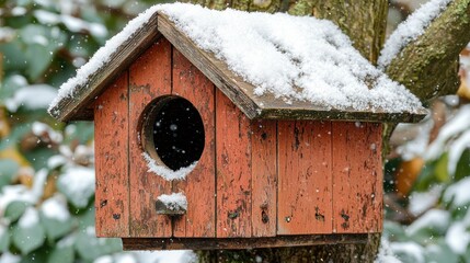 A snowy birdhouse perched on a tree branch.