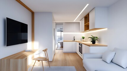 Fototapeta premium Compact yet chic apartment, soft furnishings and natural light, urban lifestyle