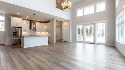 Contemporary house interior with spacious open layout, clean ad space for open house info, bright and modern style, professional look