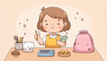 2D Flat Chibi Cartoon Cashier Character - Managing a small shop counter, counting money, surrounded by snacks, drinks, and a backpack - Isolated on white. This illustration showcases a chibi character