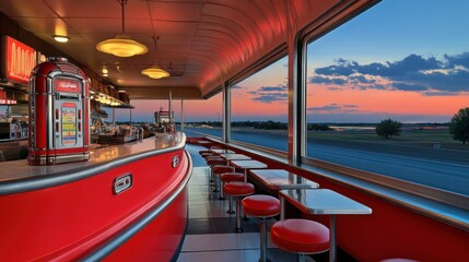Mid-century diner with a red-and-white color scheme, gleaming countertops, a jukebox, and a view of the highway outside, dusk scene 