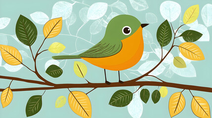 Cute bird perched on branch, autumn leaves background, nature illustration, children's book.
