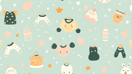 Adorable baby clothes and accessories seamless pattern. Perfect for textile, nursery decor, or baby product packaging.  Features cute bunnies and pastel colors.
