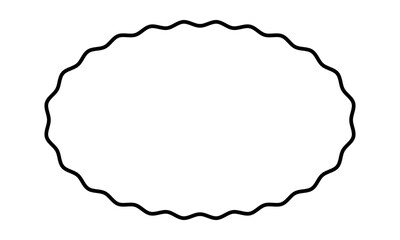 Oval frame with wavy borders. Elliptic shape with curvy edges. Text box, speech bubble, sticker, tag or label template isolated on white background. Vector graphic illustration.