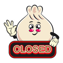 Cute dumpling vektor illustration mascot character showing a sign that says closed while waving his hand, Xiao Long Bao, Asian, Chinese food, work of hand drawn