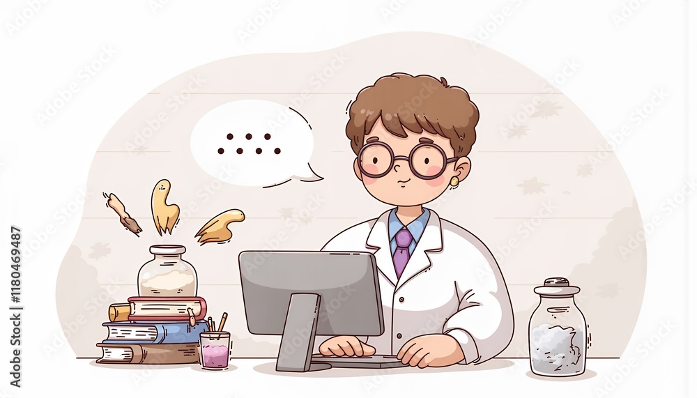 Poster 2d flat chibi cartoon character of a scientist - thoughtful scientist working on computer, surrounde