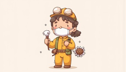 Naklejka premium 2D Flat Chibi Cartoon Character of a Paleontologist - A young female paleontologist wearing a mask and goggles, holding a fossil while exploring, isolated on white background. This illustration featur