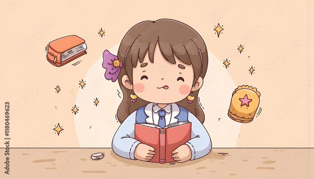 Poster 2D Flat Chibi Cartoon Character of a Student - A cute chibi girl is happily reading a book at a desk, surrounded by whimsical objects like a harmonica and star, creating a peaceful and joyful learning
