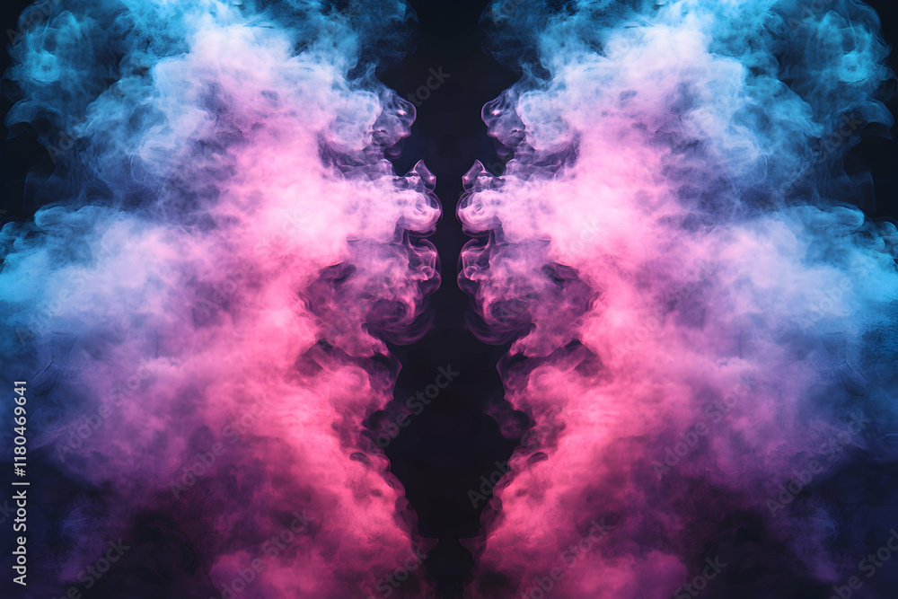 Poster abstract image of vibrant pink and blue smoke clouds, creating a symmetrical, almost heart-shaped pa