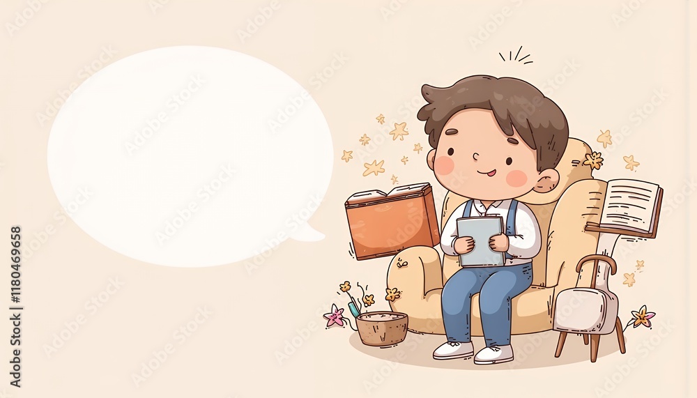 Poster 2d flat chibi cartoon character of a student - cute boy happily reading a book and using a tablet wh