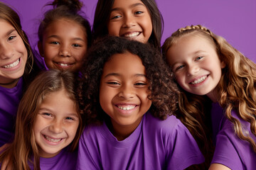 International Women's Day 2025 concept. Happy diverse girl friends celebrating equality for all with purple confetti. Accelerate Action, sisterhood