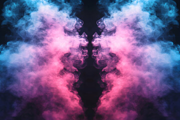 Abstract image of vibrant pink and blue smoke clouds, creating a symmetrical, almost heart-shaped pattern against a dark background. Ideal for design projects needing a mystical, ethereal aesthetic.