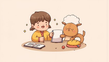 2D Flat Chibi Cartoon Character of a Young Writer - A cheerful girl is writing at her desk with her adorable dog companion, surrounded by notebooks and stationery, isolated on white background.  This