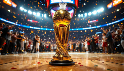 NBA championship trophy gleams on a court amid jubilant players, confetti, and spotlight.


