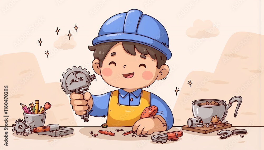 Poster 2d flat chibi cartoon character of an engineer - cheerfully working on a mechanical project, surroun