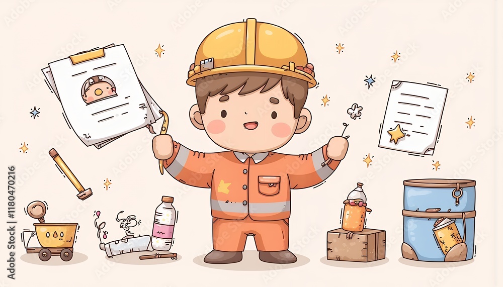 Poster 2d flat chibi cartoon character of an engineer: a cheerful chibi construction worker holds blueprint