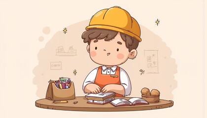 2D Flat Chibi Cartoon Character of an Engineer - meticulously reviewing blueprints at their workspace, surrounded by pencils, and a drawing on the wall - isolated on white background. A charming illus