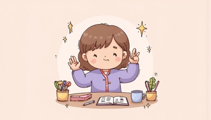 2D Flat Chibi Cartoon Character of an Illustrator -  A cute chibi girl is happily working at her desk, surrounded by potted plants and stationery, creating art in her cozy workspace - isolated on whit