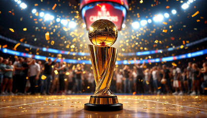 NBA championship trophy gleams on a court amid jubilant players, confetti, and spotlight.

