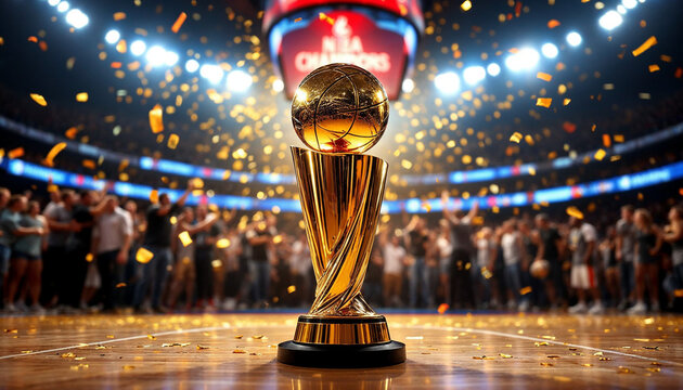 NBA championship trophy gleams on a court amid jubilant players, confetti, and spotlight.

