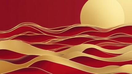 Obraz premium Abstract Red and Gold Wave Background with Sun