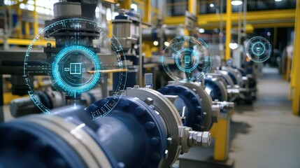 Fototapeta premium Modern pipeline system integrating holographic augmented reality interface for monitoring and controlling industrial processes, enhancing efficiency and automation in a smart factory