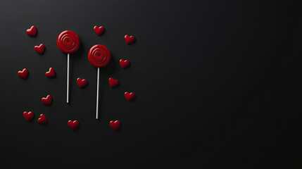A candy love banner concept with two red lollipops and scattered candy hearts on a deep black background, leaving negative space.
