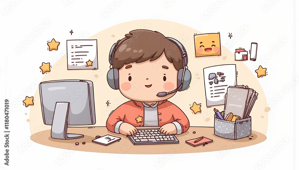 Poster 2d flat chibi cartoon character of customer service representative - a cheerful chibi character sits