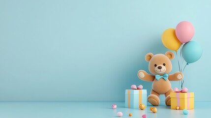 Adorable Teddy Bear with Balloons and Gifts: A Festive Birthday Celebration