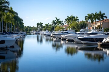 Obraz premium Serene Tropical Marina with Gently Swaying Yachts Reflecting in the Calm Waters
