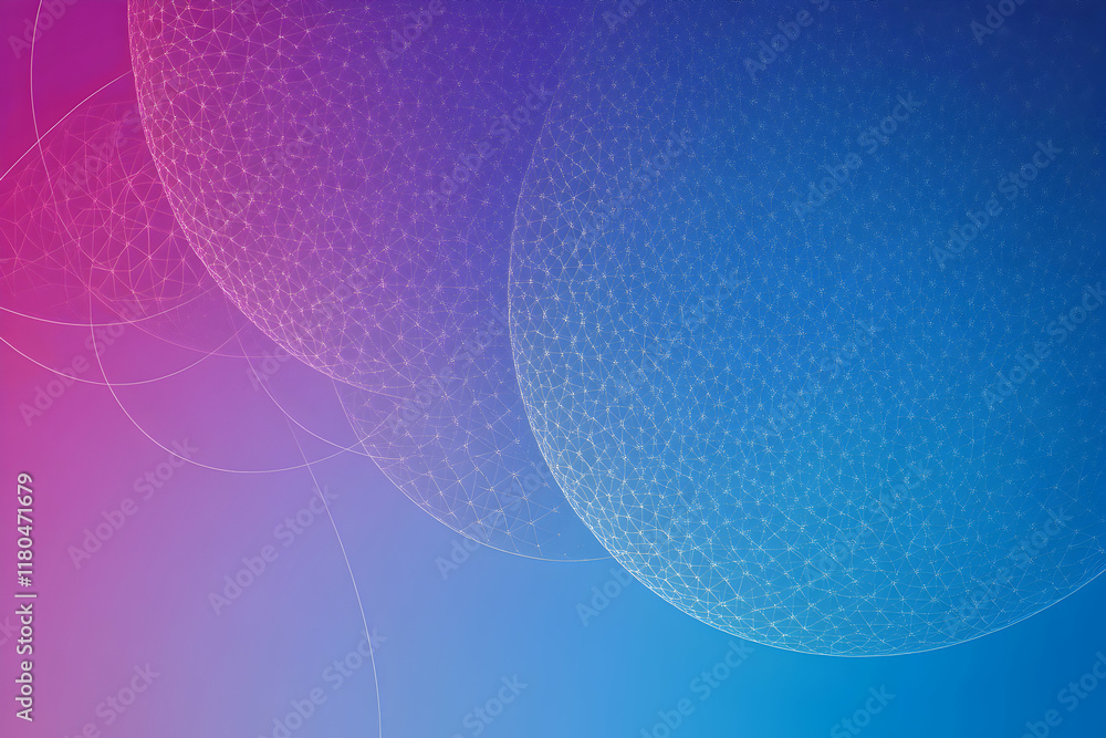 Poster abstract background image featuring interconnected nodes forming two spheres, gradient of pink and b
