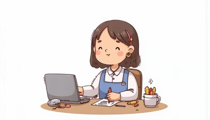 2D Flat Chibi Cartoon Character of Illustrator - A young female illustrator is working on her laptop, surrounded by art supplies, on a wooden desk in a cozy home office setting - Isolated on white bac