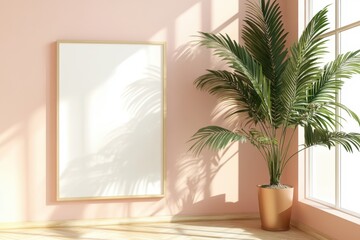 Fototapeta premium Blank Frame with Palm Plant in a Pink Room
