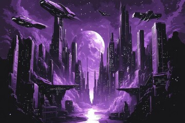Obraz premium Futuristic Cityscape Underneath A Purple Moon With Spaceships