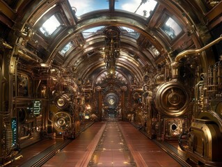 Naklejka premium Intricate Steampunk Center with Brass Details and Unique Architecture in a High-Quality Gigapixel Scale