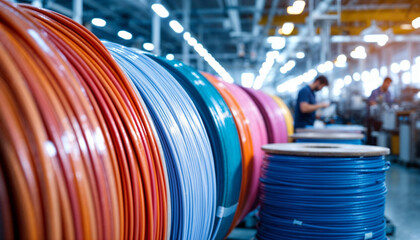 Cable rolls in a bright factory with blurred production activity in the background.

