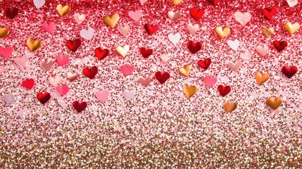 Obraz premium A festive Valentine's backdrop featuring glittering heart shapes in bold colors scattered across a radiant pink-to-red gradient.