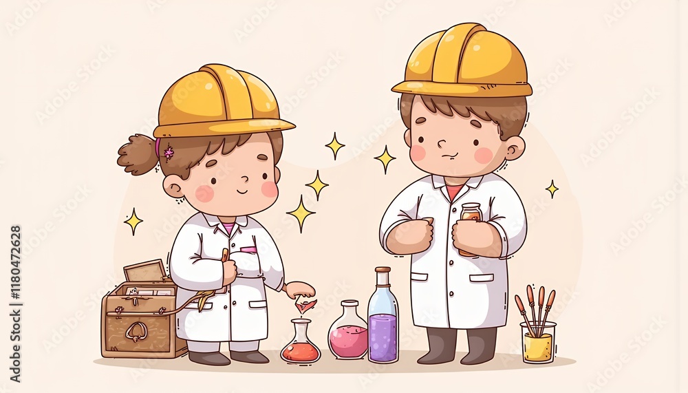 Poster 2d flat chibi cartoon characters: a boy and girl scientist team conducting an experiment in a labora