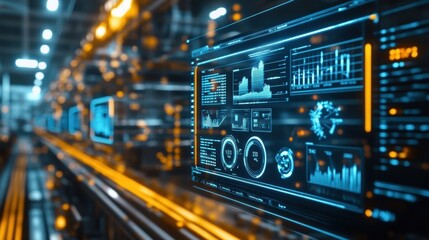 Futuristic transparent control panel displaying various data visualizations and performance metrics, optimizing efficiency and automation in modern industrial environment